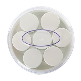 Modern yogurt maker with jars on white background, top view