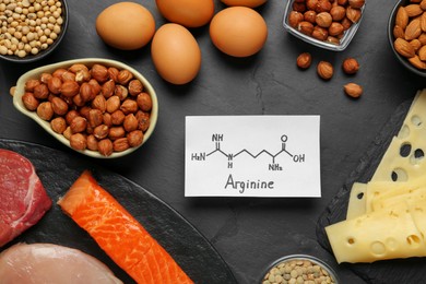 Photo of Different fresh products and paper with Arginine chemical formula on black table, flat lay. Sources of essential amino acids