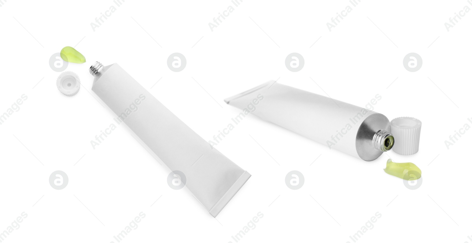 Image of Collage with tube of ointment on white background, different angles