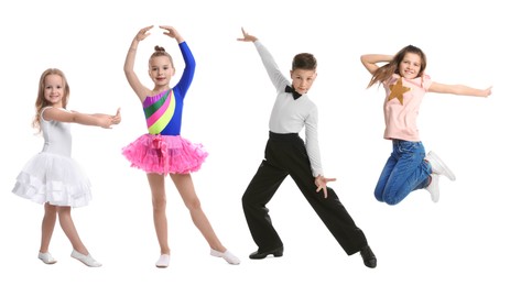 Image of Group of children dancing on white background, set of photos