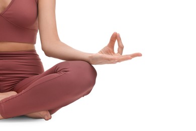 Photo of Woman practicing yoga on white background, closeup. Lotus pose