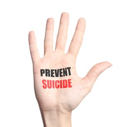 Image of Woman showing palm with words Prevent Suicide on white background, closeup