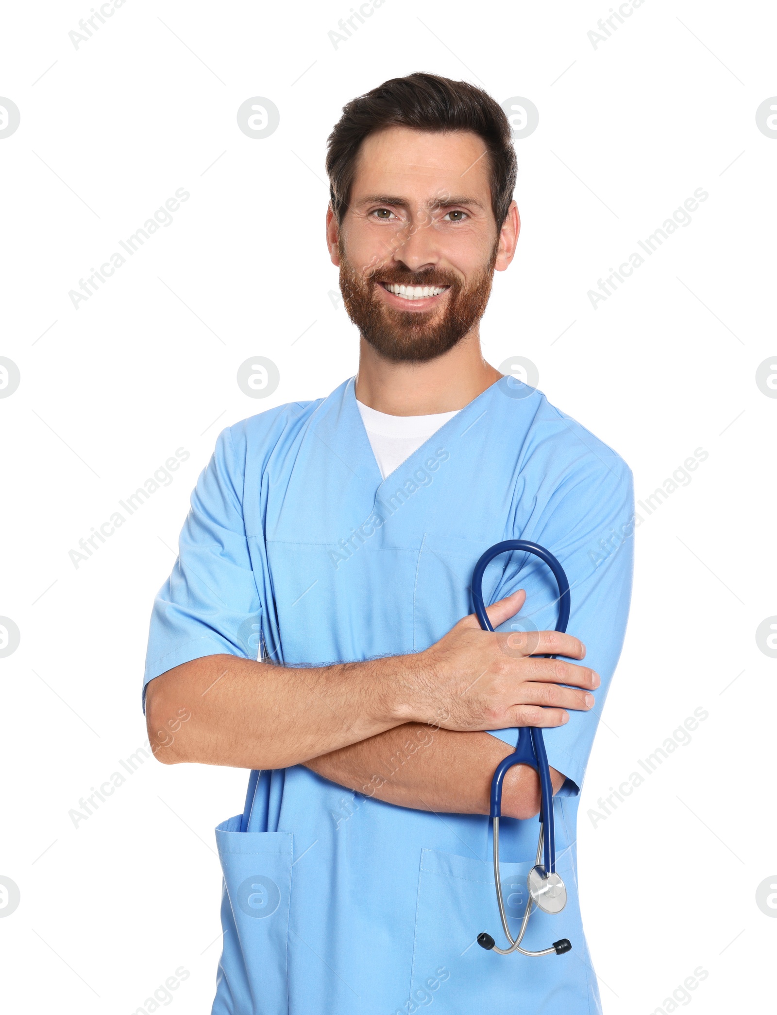 Photo of Portrait of doctor in scrubs with with stethoscope on white background
