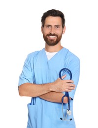 Photo of Portrait of doctor in scrubs with with stethoscope on white background