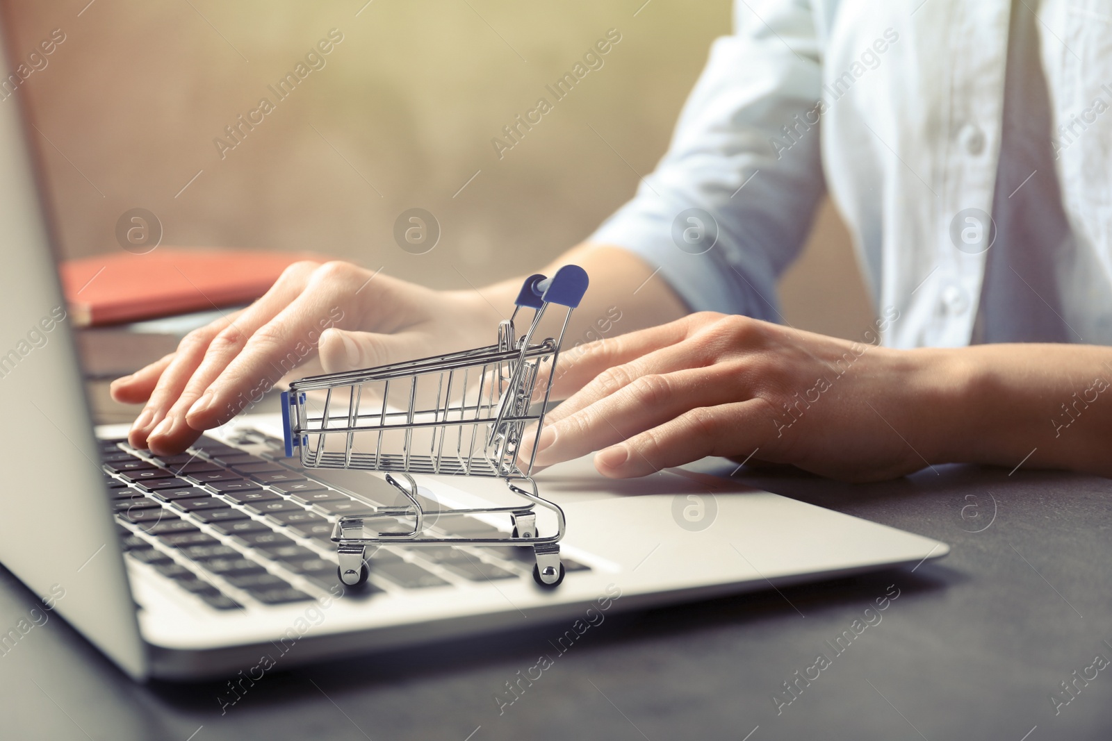 Image of Woman shopping online using laptop, focus on small cart