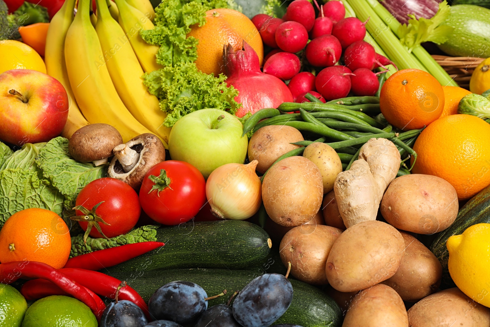 Photo of Assortment of fresh organic fruits and vegetables as background, closeup