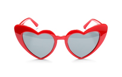 Stylish heart shaped glasses on white background