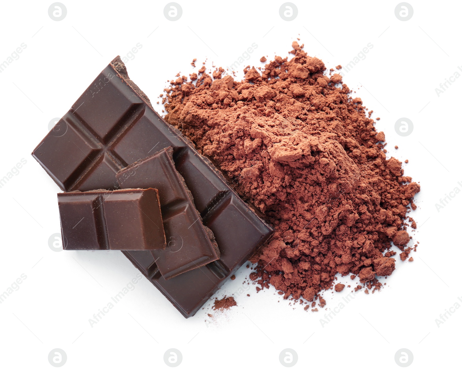 Photo of Cocoa powder and pieces of chocolate on white background