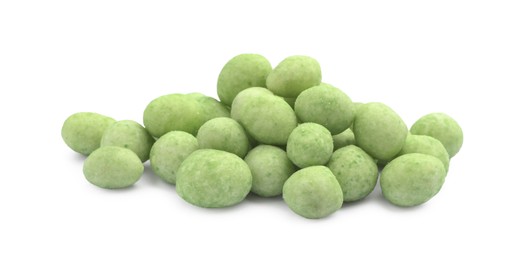 Photo of Pile of wasabi coated peanuts on white background