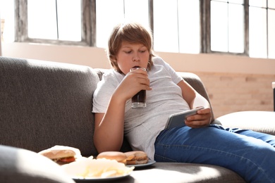 Photo of Overweight boy with fast food on sofa at home