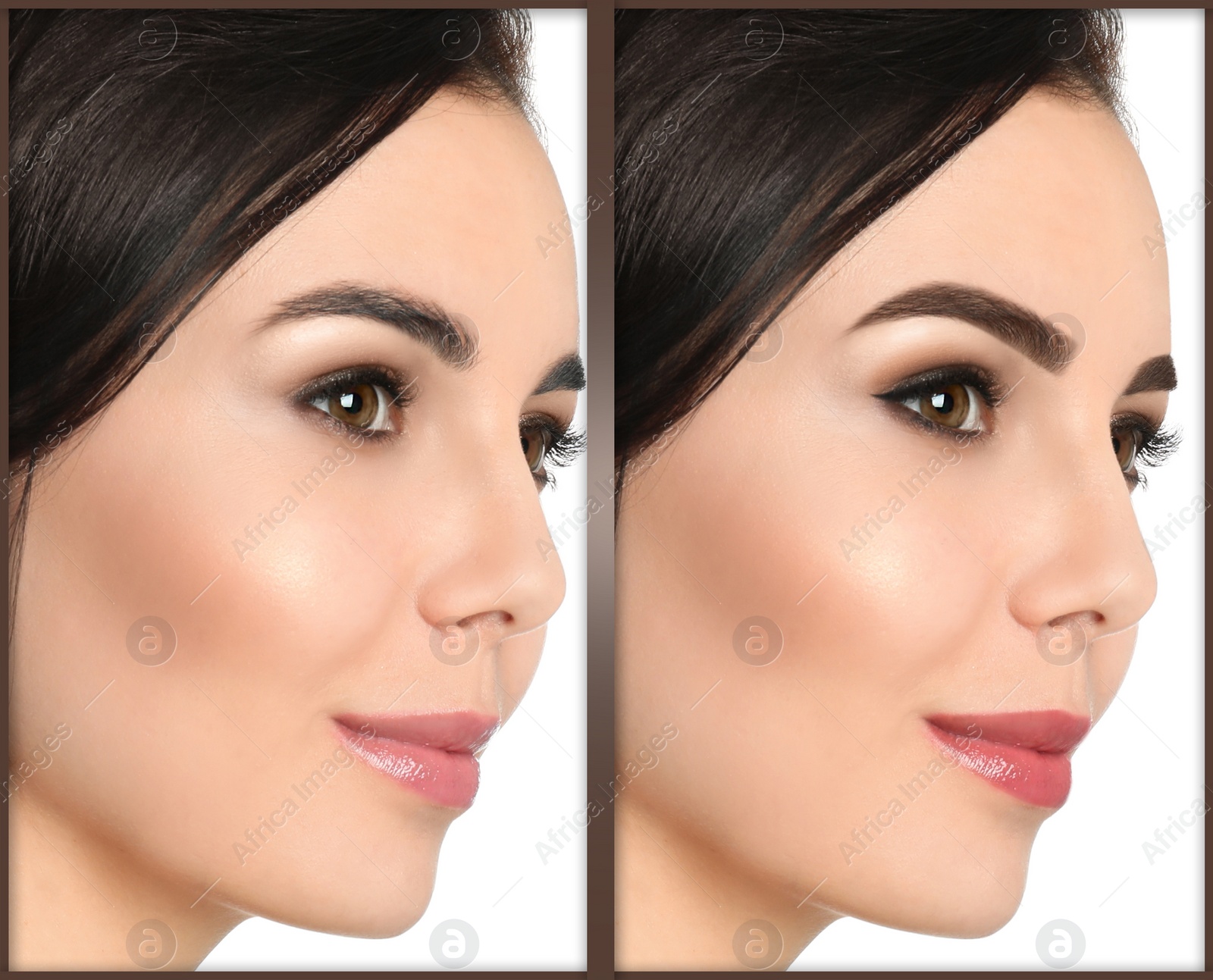 Image of Beautiful young woman before and after permanent makeup on white background, collage