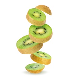 Image of Cut ripe kiwi fruit on white background