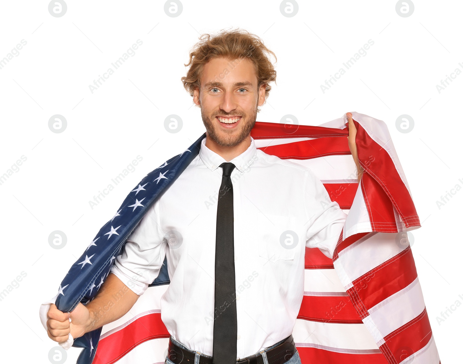 Photo of Young man with American flag on white background