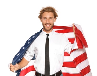 Photo of Young man with American flag on white background