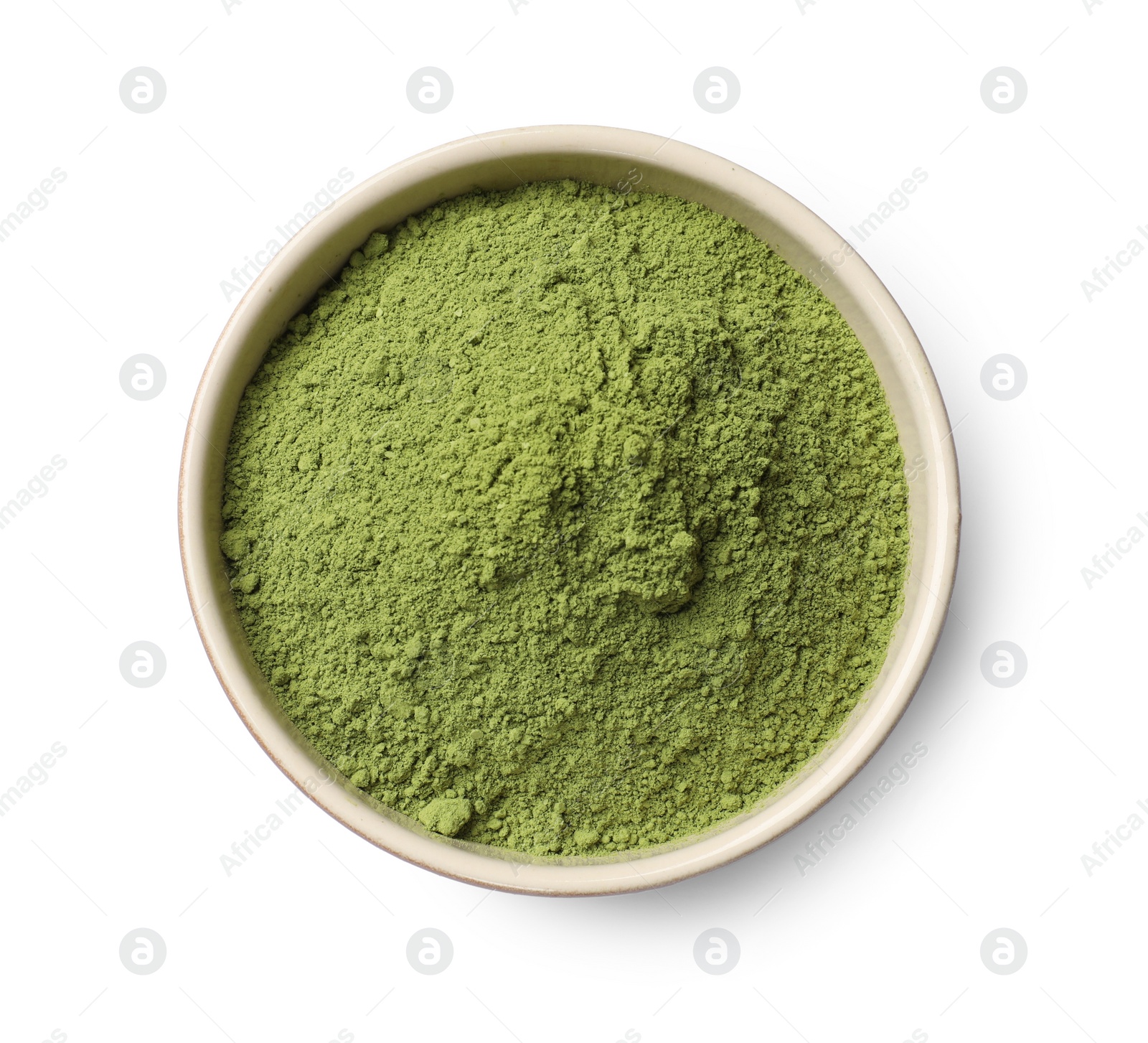 Photo of Green matcha powder in bowl isolated on white, top view