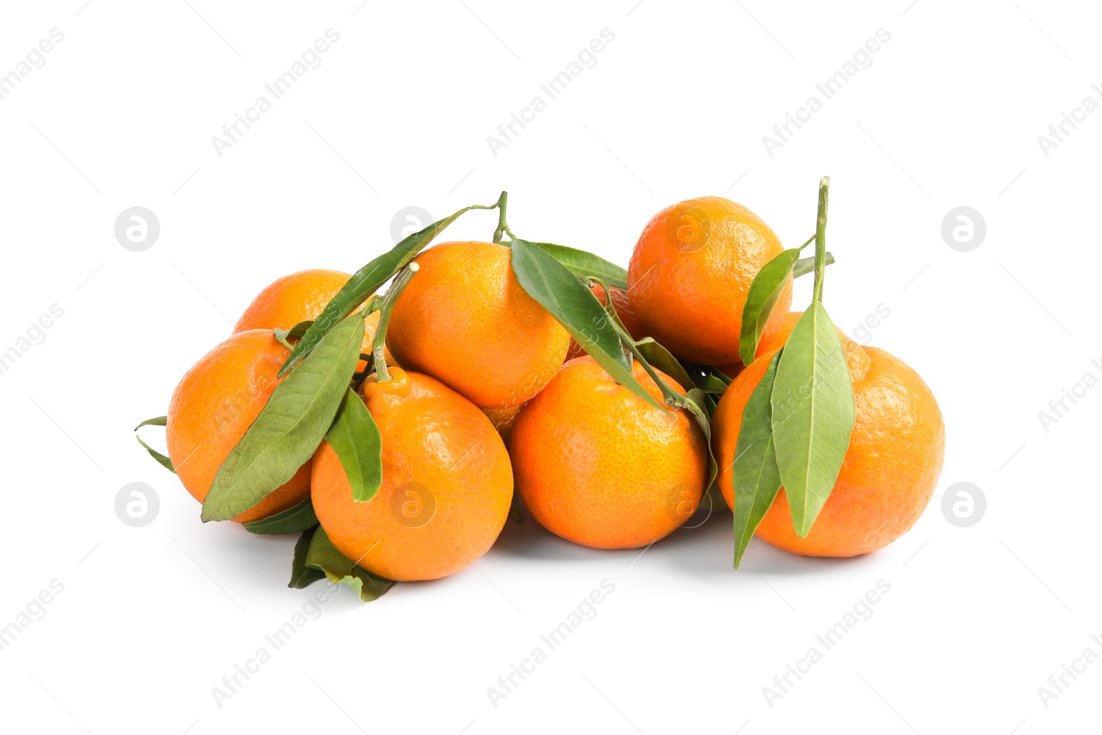 Photo of Tasty ripe tangerines with leaves on white background