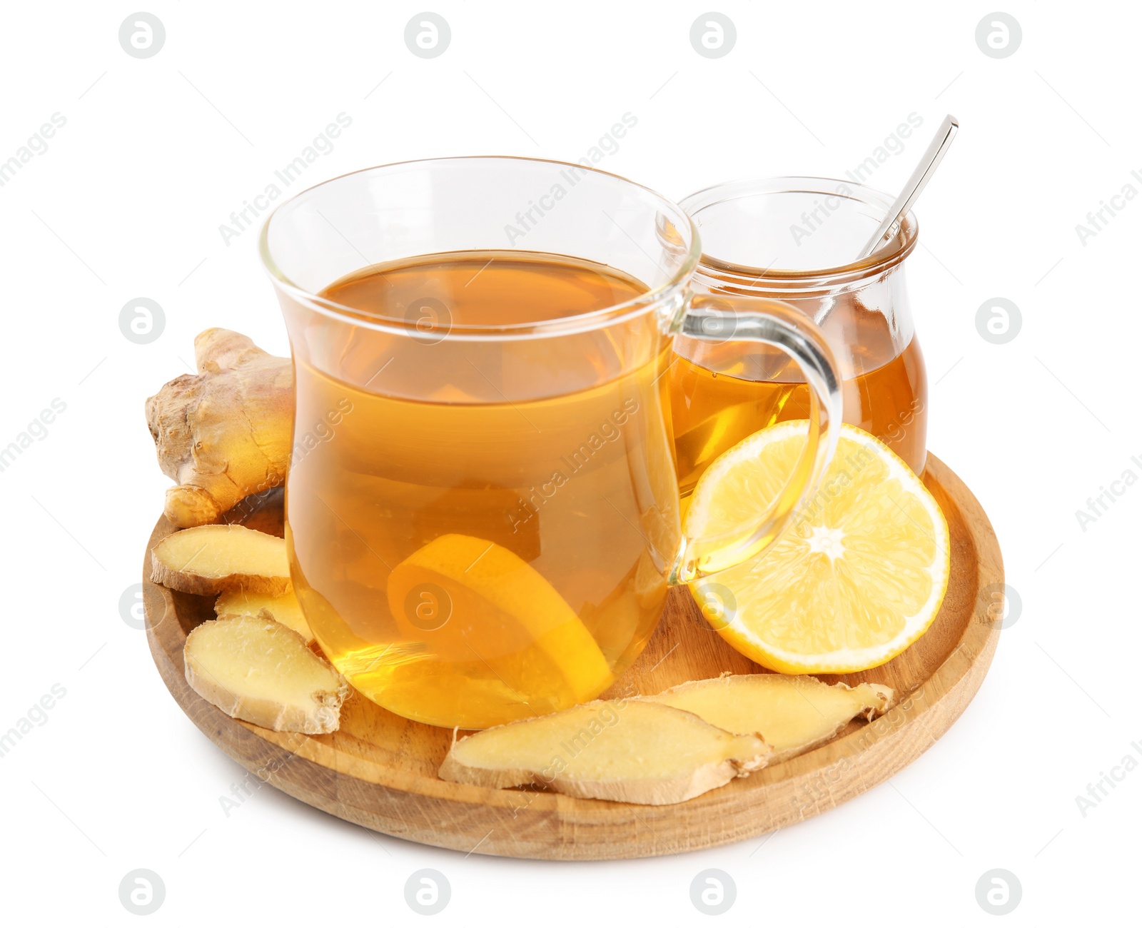 Photo of Tray with cold remedies on white background. Sore throat treatment