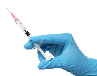 Doctor holding medical syringe on white background, closeup