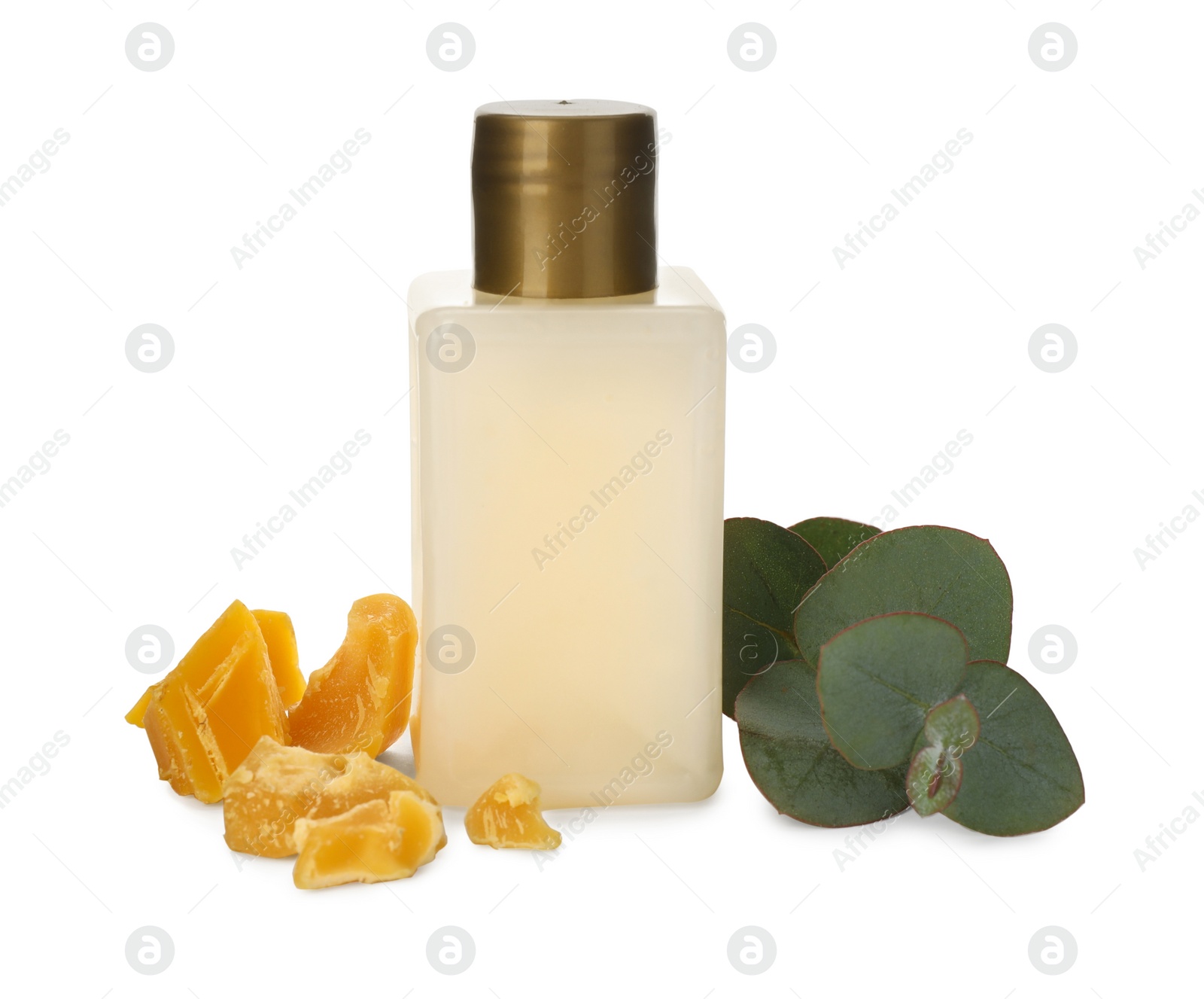 Photo of Bottle of cosmetic product, natural beeswax and eucalyptus on white background