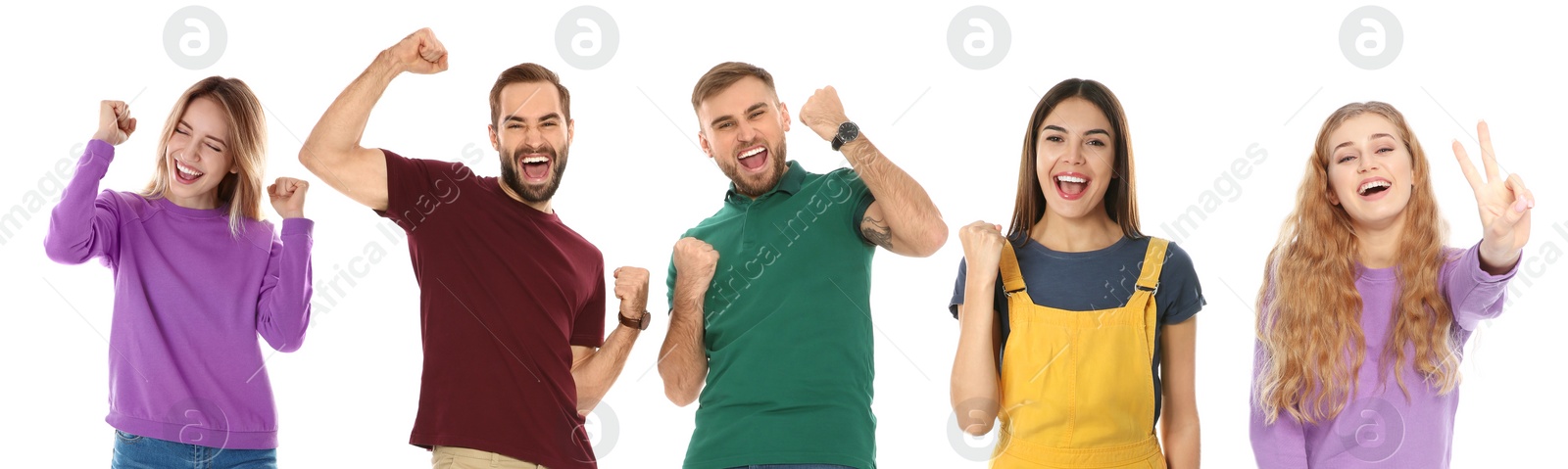 Image of Collage with photos of happy people celebrating victory on white background. Banner design