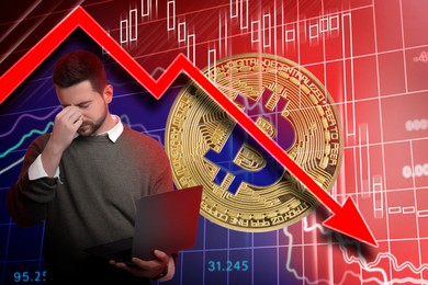 Image of Cryptocurrency collapse. Collage with photo of stressed trader with laptop, bitcoin and data charts