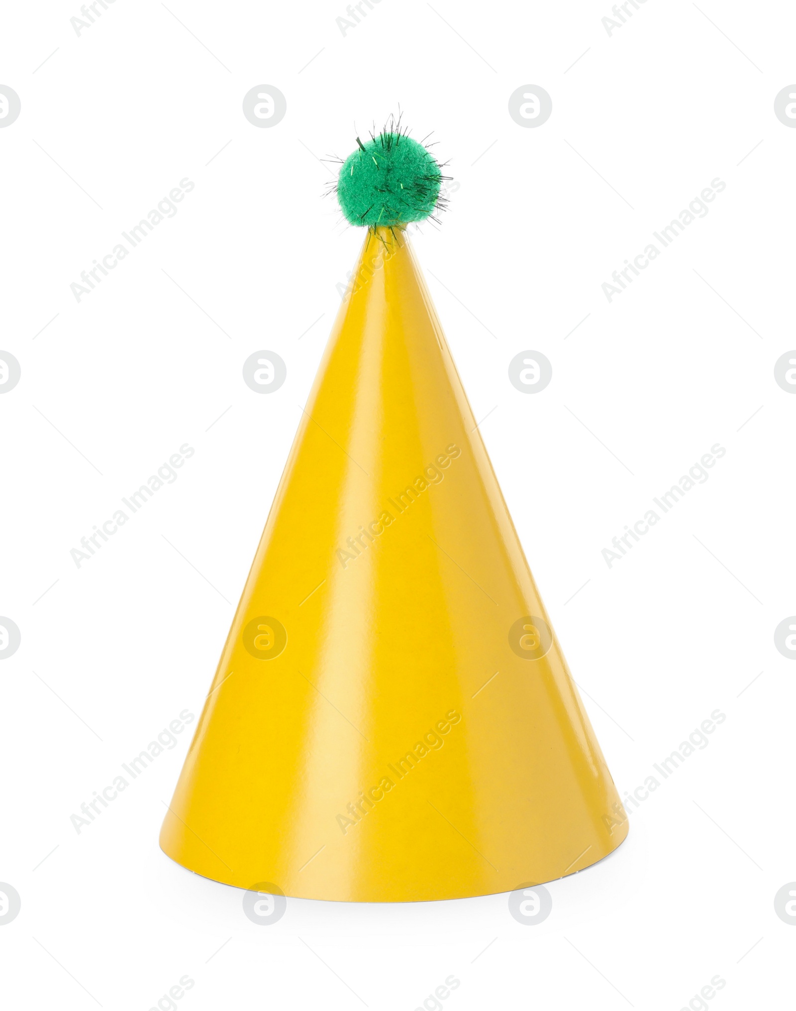 Photo of One yellow party hat with pompom isolated on white