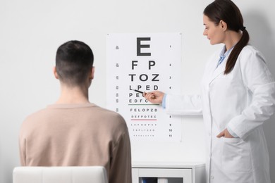 Ophthalmologist testing young man's vision in clinic