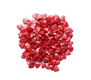 Photo of Pile of sweet candy hearts on white background, top view