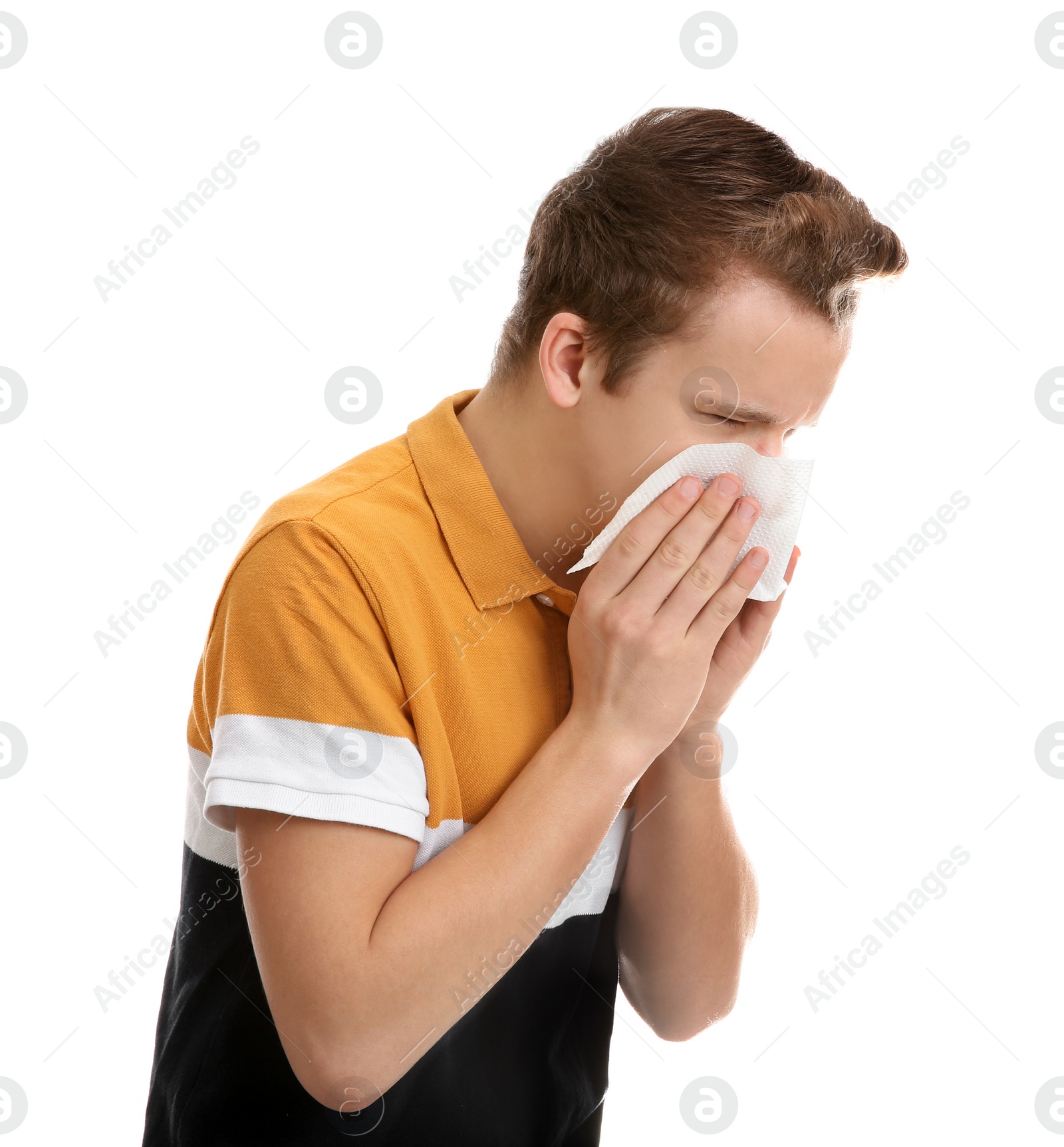 Photo of Teenage boy suffering from cough isolated on white