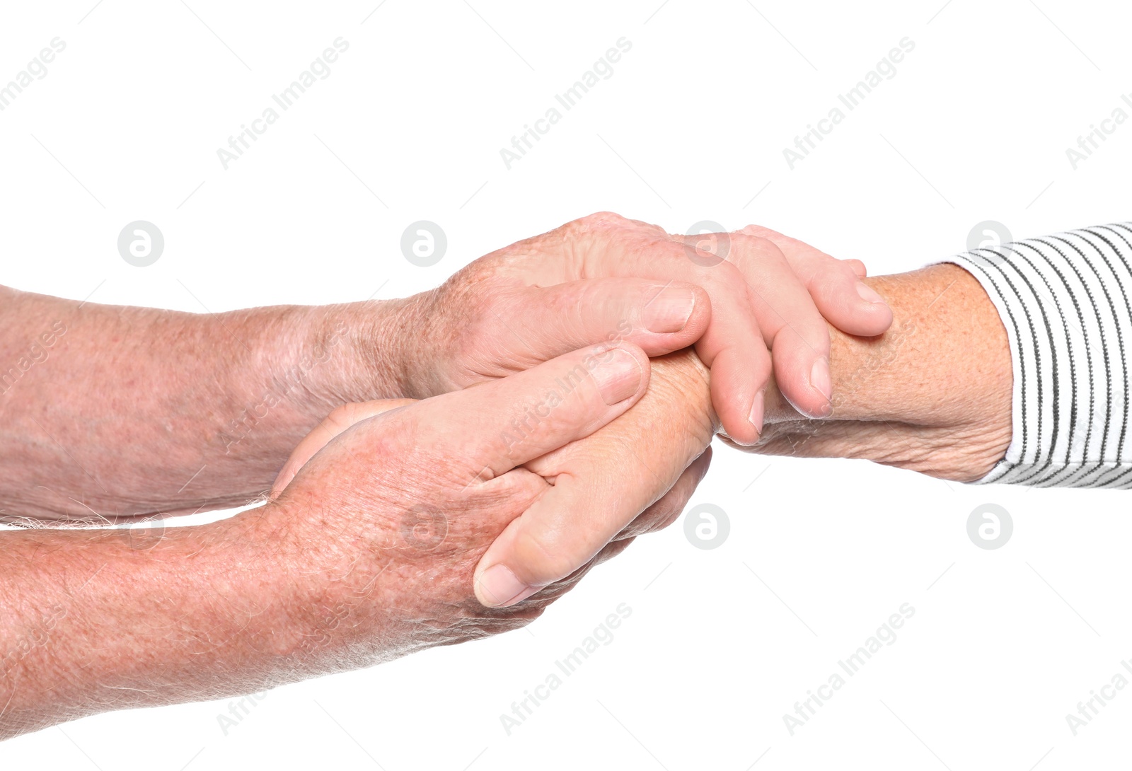 Photo of Elderly man holding woman's hand on white background. Help and support concept