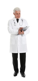 Photo of Full length portrait of male doctor with clipboard isolated on white. Medical staff