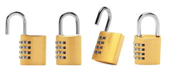 Steel combination padlock isolated on white, set