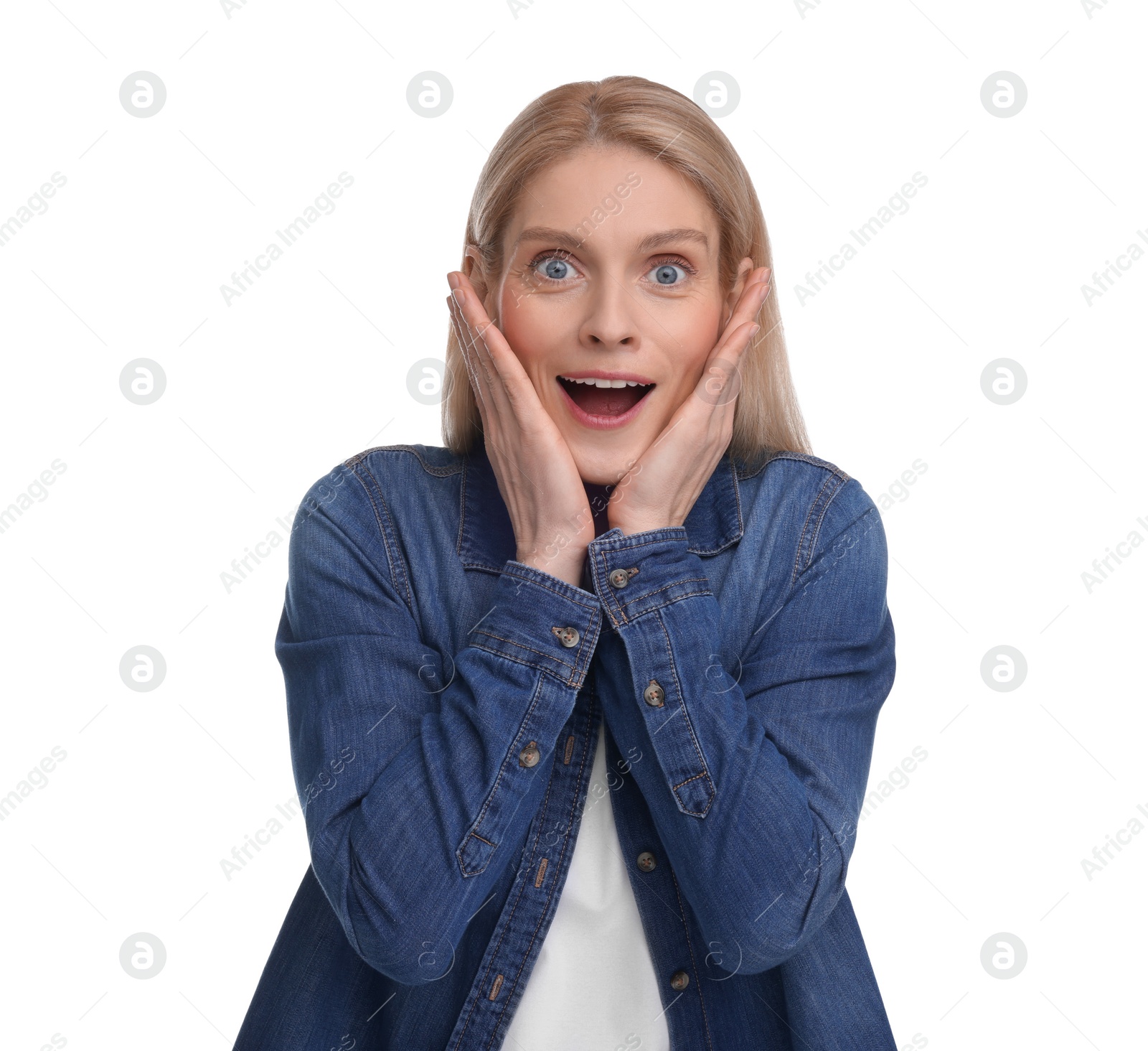 Photo of Portrait of surprised woman isolated on white