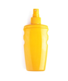 Photo of Bottle with sun protection body cream on white background