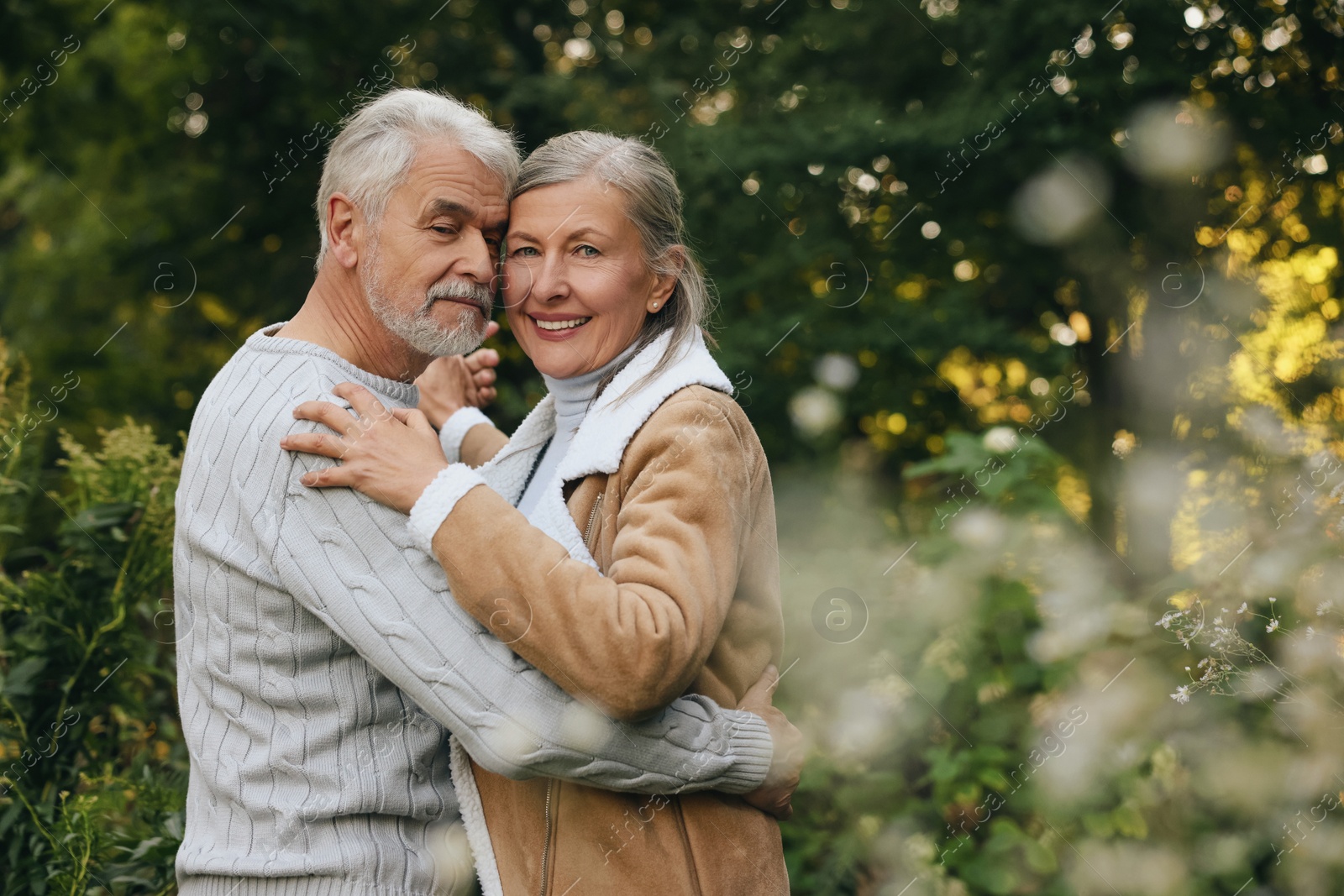 Photo of Affectionate senior couple dancing together outdoors, space for text