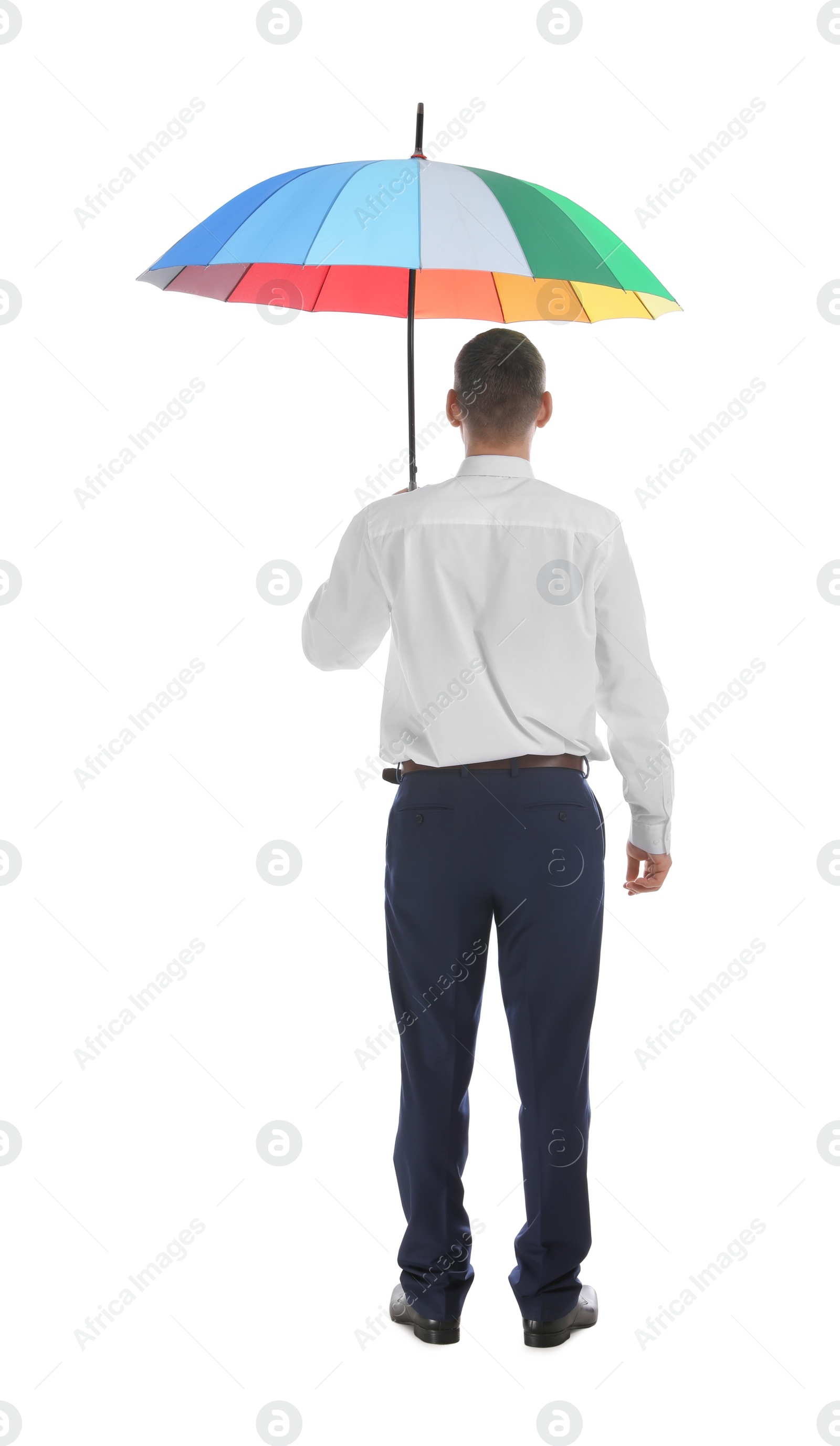 Photo of Businessman with rainbow umbrella on white background, back view