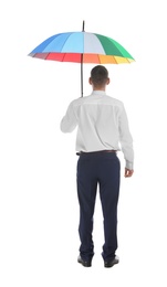 Photo of Businessman with rainbow umbrella on white background, back view