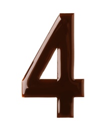 Photo of Chocolate number 4 on white background, top view