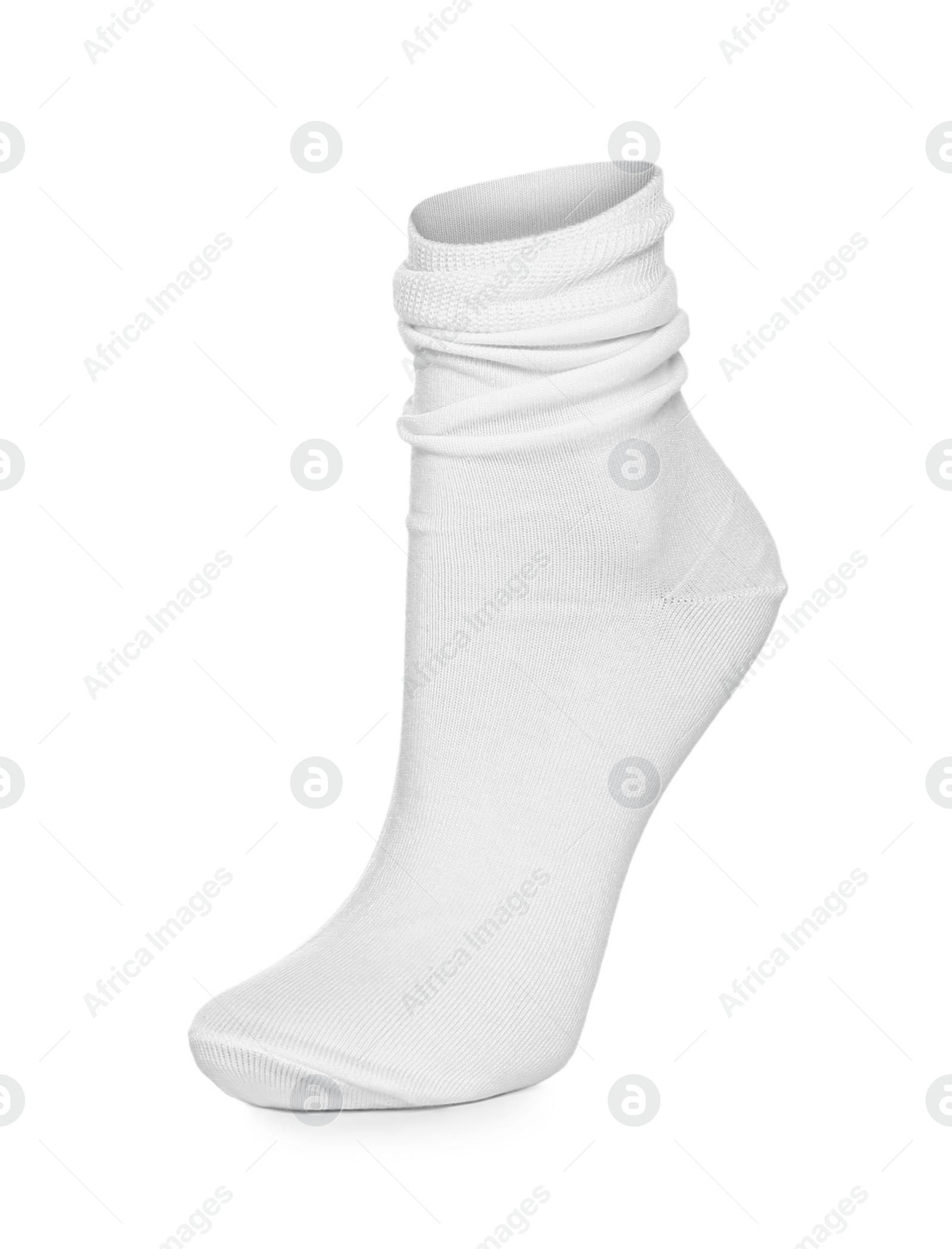 Photo of Textile sock isolated on white. Footwear accessory