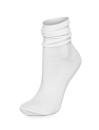 Photo of Textile sock isolated on white. Footwear accessory