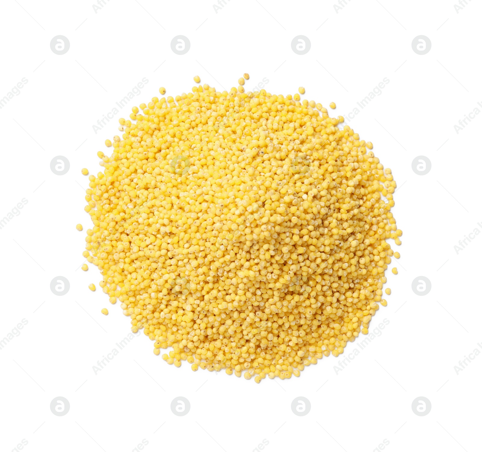 Photo of Pile of dry millet seeds isolated on white, top view