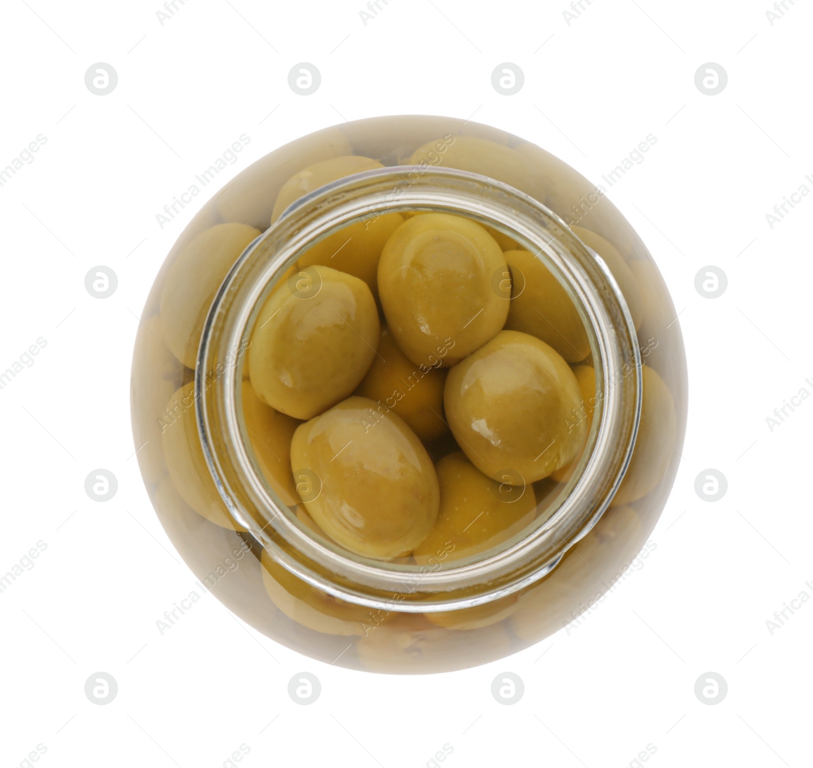 Photo of Jar of pickled olives isolated on white, top view