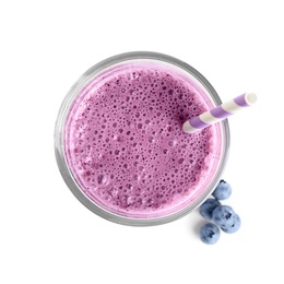 Tasty blueberry smoothie in glass on white background, top view