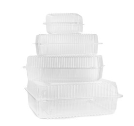 Empty plastic containers for food on white background