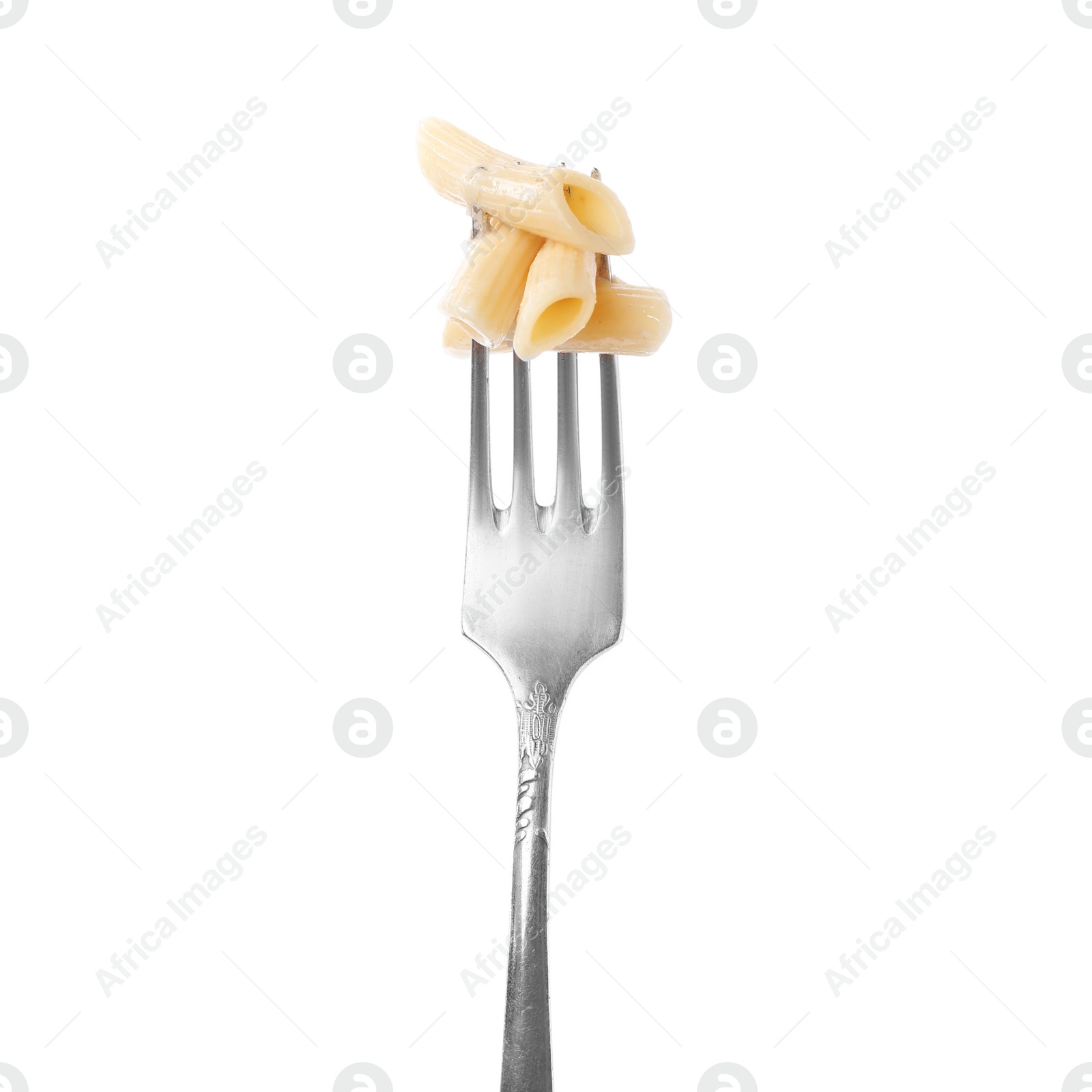 Photo of Fork with delicious penne pasta isolated on white