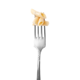 Photo of Fork with delicious penne pasta isolated on white