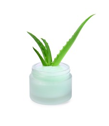 Photo of Jar of natural gel and fresh aloe isolated on white