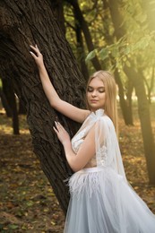 Beautiful girl wearing fairy dress in autumn forest