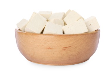 Photo of Wooden bowl with delicious tofu isolated on white