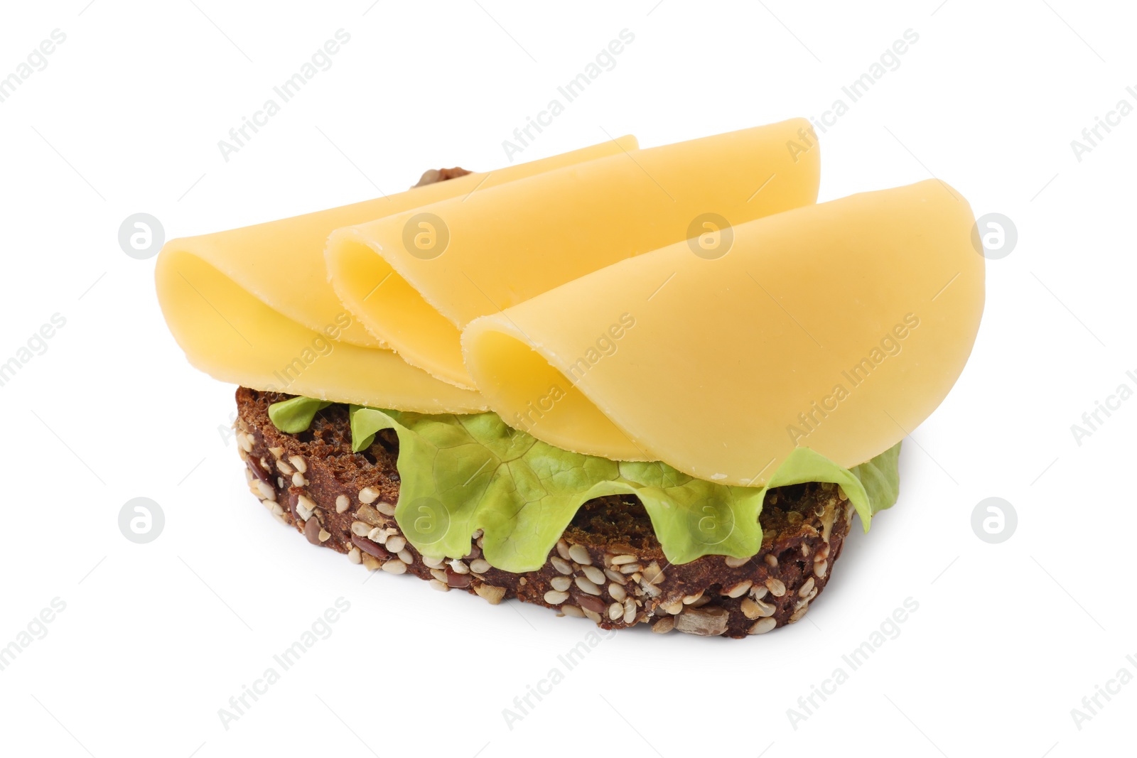 Photo of Tasty sandwich with slices of fresh cheese and lettuce isolated on white